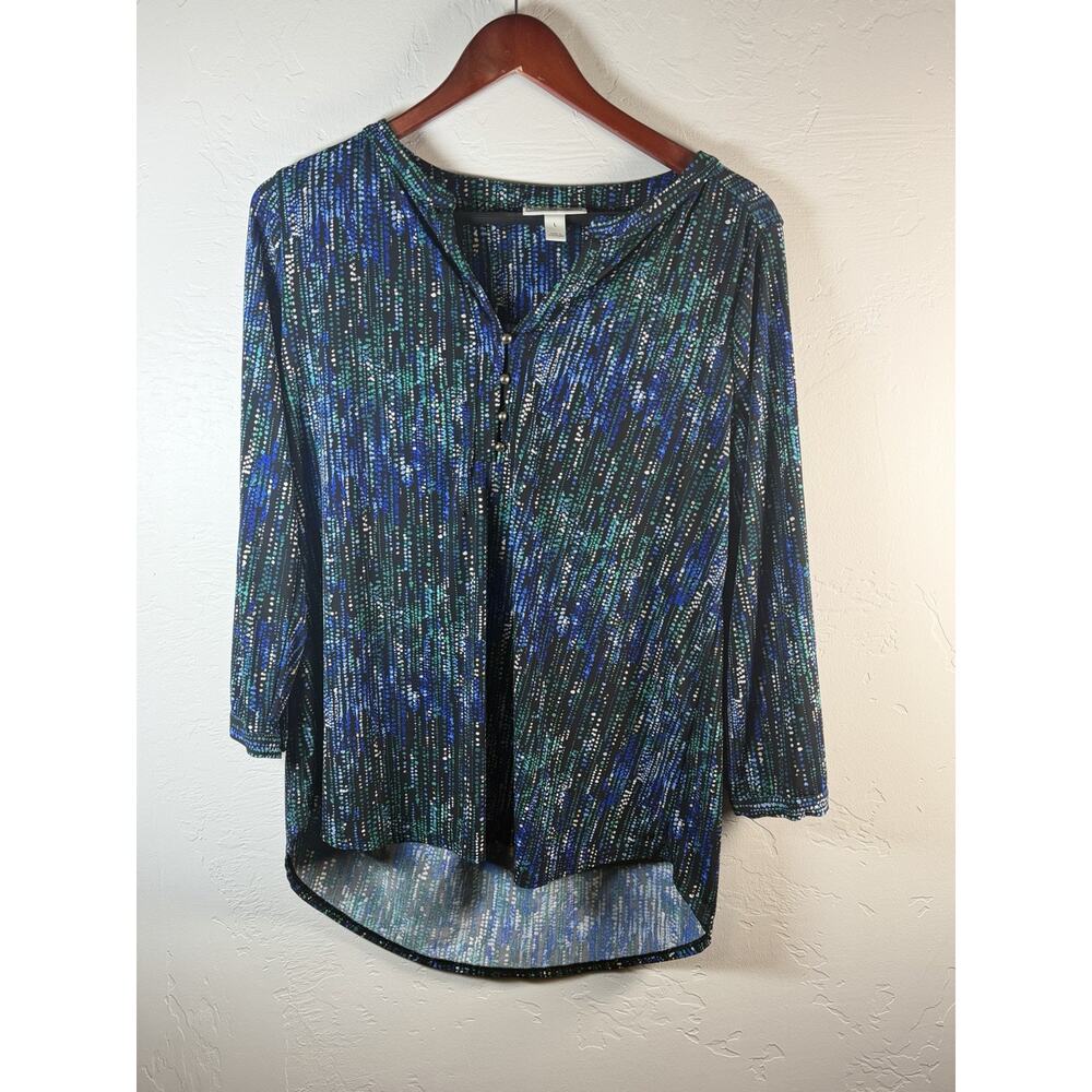 Women’s Dana Buchman Size Large Loose Fit, Split Neck , Abstract Long Sleeve Top